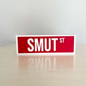 SMUT BOOKSHELF SIGN RED